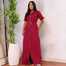 Vestido Longo Manga Curta Com Botões Vestido feminino Com Cinto E Bolso