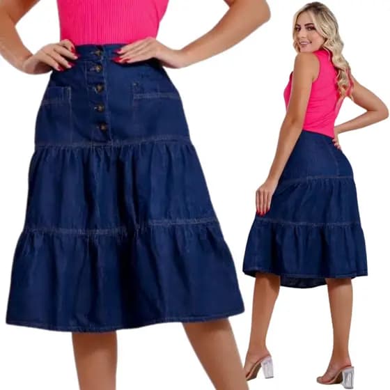 Saia Jeans Com Botões Frontais E Bolsos Funcionais