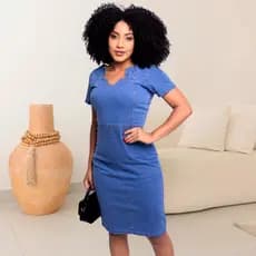 Vestido Jeans feminino Casual Estiloso Manga Curta