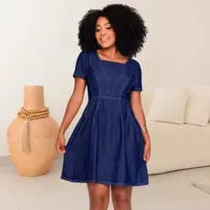 Vestido Jeans Rodado Manga Curta Vestido Feminino Com Elastano