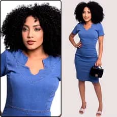 Vestido Jeans Com Elastano Manga Curta E Recortes Frontais