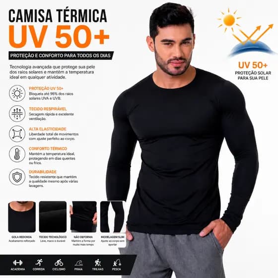 Camisa Térmica Uv 50+ Segunda Pele Camiseta Blusa Malha Fria Academia Esportes