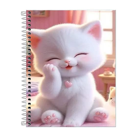 Caderno Gatinho Branco 1, 10  ou 20 materias