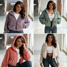 Jaqueta Feminina Inverno Peluciada Com Capuz E Zíper Cropped Teddy Casaco Quentinho Moda Feminina