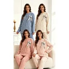 Conjunto Pijama inverno feminina tecido de Fleece de Coral, Sleepwear de Inverno Quente e Confortável
