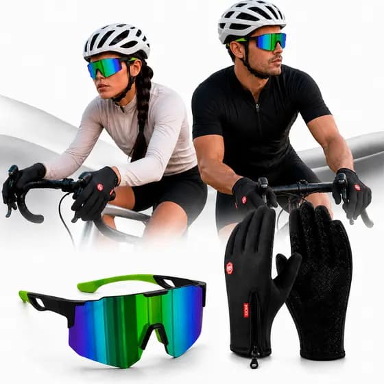 Kit Óculos Esportivo Ciclismo e Luva Unissex Impermeável