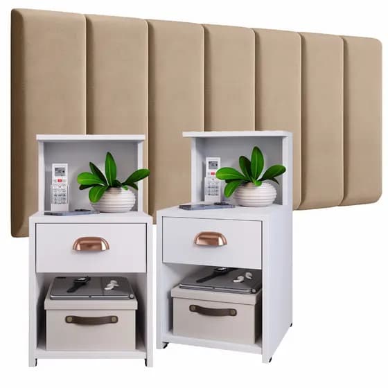 Conjunto Quarto Cabeceiras em Módulos Placas 45x20 + 2 UN de Mesa de Cabeceira CLÉO com Gaveta Nicho e Puxador Concha