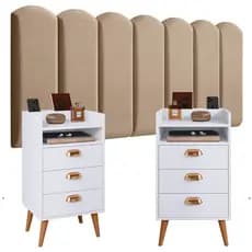 Conjunto Quarto com Cabeceira Box Placa Modulada NUVEM 45X20 + 2 UN Mesa de Cabeceira 3 Gavetas HELÔ