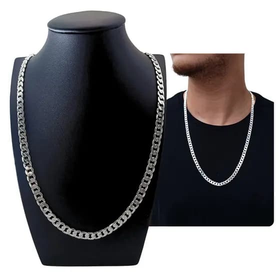 Cordão de Prata 925 Grumet 70cm Italiano Elo Escamado Polido 7mm Masculino Vitalícia Italy De Lei
