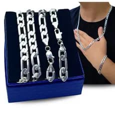 Kit Pulseira 21cm Fígaro Corrente 70cm Prata 925 Legítima Laminada Elo Escamado 3x1 Masculina 7mm