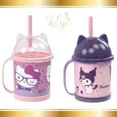 Caneca Hello Kitty e Kuromi Clássica Infantil com Tampa Lúdica 3D e Canudo 360ml 1 unidade