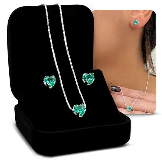 Conjunto Coração Par De Brincos Prata 925 Veneziana 45cm Legítima Pingente Zircônia Feminino