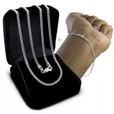 Kit Conjunto Corrente + Pulseira Prata 925 Legítima Grumet Masculina 60cm 70cm Escama De Peixe 2mm