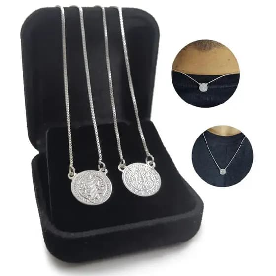 Escapulário Prata 925 Colar São Bento Legítima Masculino/Feminino 60cm Medalha Corrente Cordão