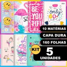 Kit 5 Cadernos 10 Matérias Capa Dura Grande Espiral Menina Material Escolar Faculdade Escola Curso
