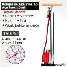 Bomba de Ar Alta Pressão 150PSI Aço Inoxidável, Alça de Madeira, Manômetro, Uso para Bicicleta, Moto, Carro, Bolas