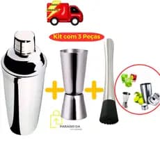 Kit Caipirinha Bar 3 Peças Coqueteleira 500 ml Socador Dosador Duplo 25ml e 50ml para Barman Bartender Drinks Caipirinhas Para Bares Restaurantes