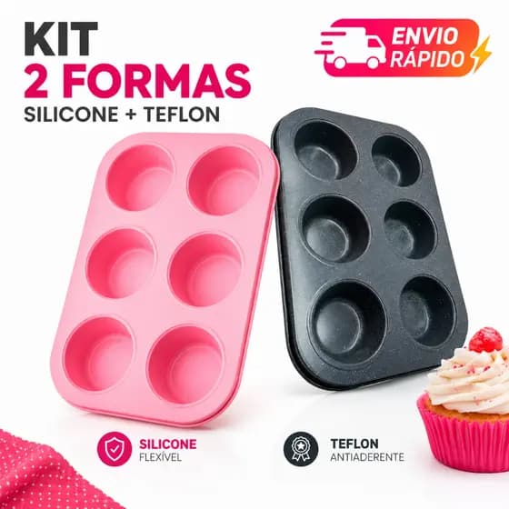 Kit Forma Cupcake Silicone + Teflon 6 Cavidades Antiaderente Muffin Bolinho Pão de Queijo