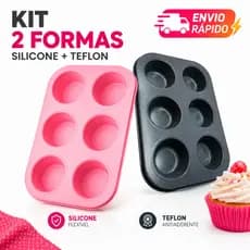 Kit Forma Cupcake Silicone + Teflon 6 Cavidades Antiaderente Muffin Bolinho Pão de Queijo