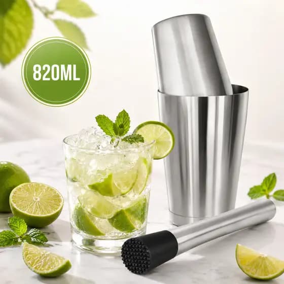 Kit Coqueteleira Boston 820ml Com Socador Inox Profissional Para Caipirinha Drinks Barman Bar