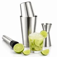 Kit Caipirinha Barman 3 Peças Inox Coqueteleira Boston 750ml Socador Dosador Duplo Profissional Para Drinks