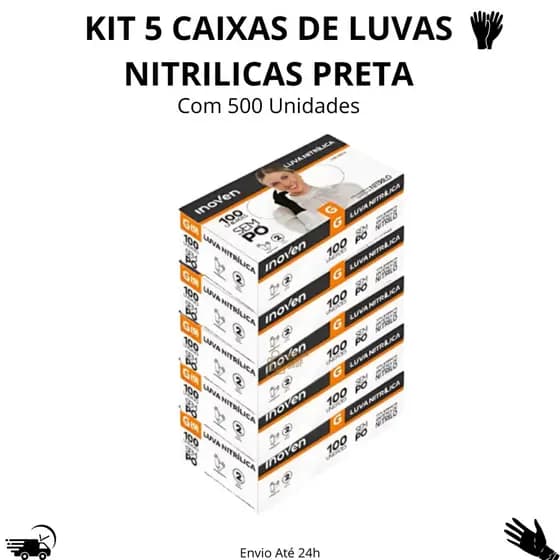 Kit 5 Luvas Nitrílica Preta Descartável Black Sem Pó C/100