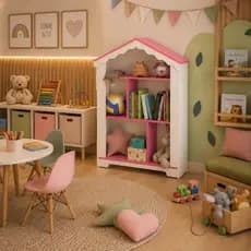 Casinha Infantil MDF Branco Casa Barbie Organizadora Prateleira Livros Brinquedos Branco Com Rosa