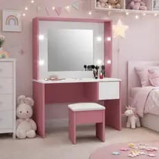 Penteadeira Diana Infantil 1 Gaveta LED Banco com almofada em Corino Cores