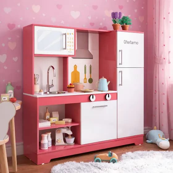 Cozinha Infantil Completa MDF c/ Pia em Inox Torneira Fogão Geladeira Forno Micro-ondas Educativa