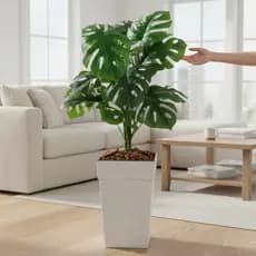 Planta Artificial Arranjo Grande Costela de Adão Monstera + Vaso Rattan Decorativo Branco Enfeite