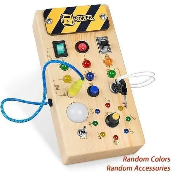 Brinquedo sensorial de madeira Montessori com placa de interruptor de luz LED, jogo de evento de viagem