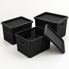 Kit 3 Caixas Organizadoras Rattan Plástico 5L com Tampa e Alças Empilhável Multiuso Casa