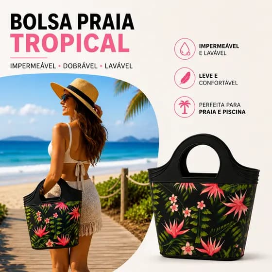 Bolsa Praia Premium Impermeável Dobrável Silicone Lavável Cesto Flexiviel com Alça