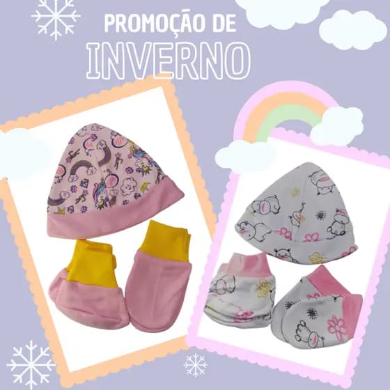 Kit 3 peças para bebê RN a 3 meses com touca luvas e meias cores variadas
