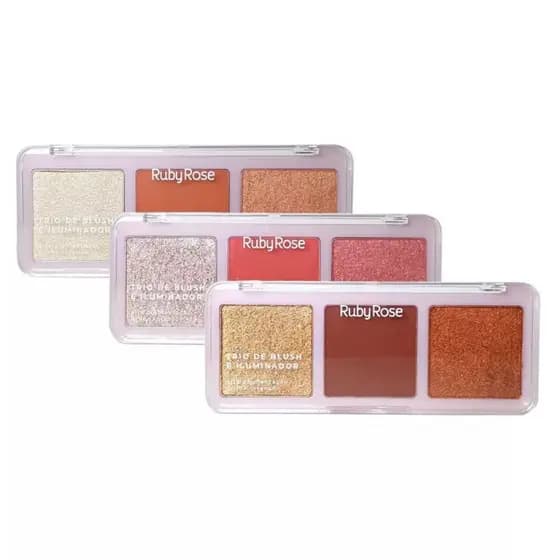 Trio De Blush e Iluminador Facial Brilho Intenso Ruby Rose - 20,8g
