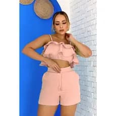 Conjunto de short, feminino, alfaiataria e cropped babado