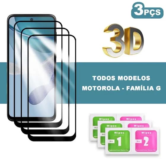 Kit 3 Películas Vidro 3D para Motorola Moto G84 G54 G34 G24 G14 G73 G53 G23 G13 G82 G62 G52 G32 G22