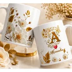 Caneca Personalizada com Nome Floral Rosa Dourado Porcelana 325ml Inicial