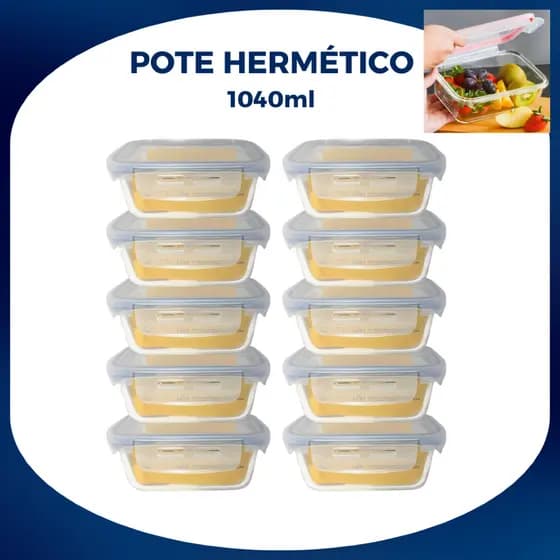 Kit 6 Potes Hermético 1040ml Vidro Grande Marmita Tampa 4 Travas Vai Ao Forno e Freezer