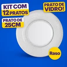 Kit Pratos de Vidro Raso Incolor 25cm Design Trabalhado, Ideal para Jantar