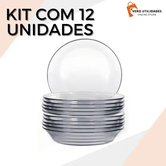 Kit 12 Pratos Fundos Vidro Transparente ou Azul  Resistente Conjunto Pratos Fundos