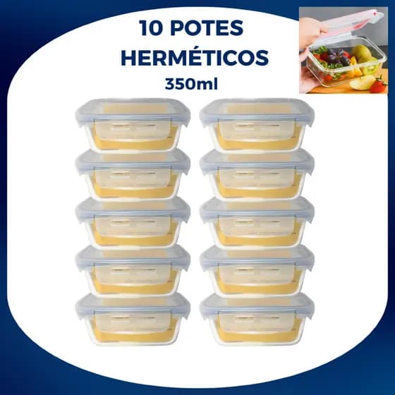 Kit Potes Herméticos de Vidro 350ml Pote De Vidro Marmita Tampa Com 4 Travas Kits de 3 a 10 unidades