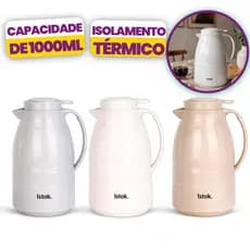 Garrafa Térmica Athenas 1L Clean Luxo Café Chá Água – Tampa com Excelente Vedação – Cinza, Bege e Branco