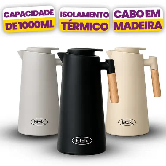 Garrafa Térmica 1 Litro Café Chá | Conserva Quente e Frio | Bico Anti Gotejamento | Cabo de Madeira | 3 Cores