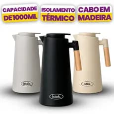 Garrafa Térmica 1 Litro Café Chá | Conserva Quente e Frio | Bico Anti Gotejamento | Cabo de Madeira | 3 Cores