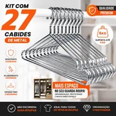 KIT 27 Cabides Metal Aço Cromado Adulto Reforçado Organizador Closet Guarda Roupa