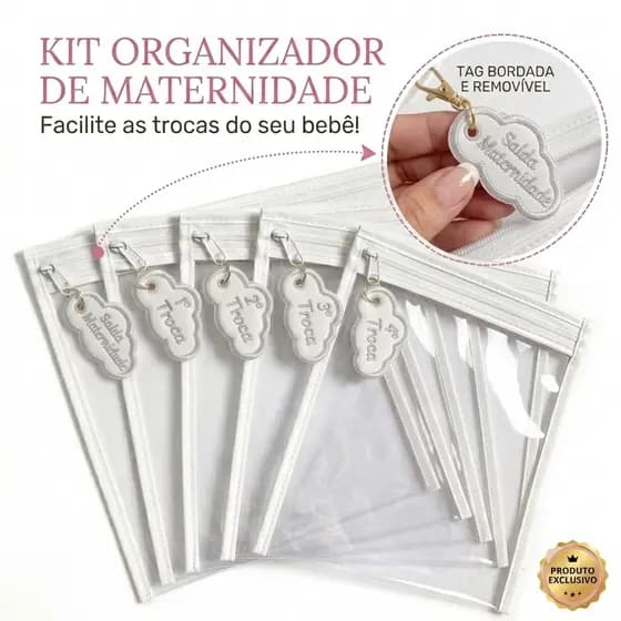 Kit 5 Saquinhos Maternidade Com Tag Bordada De Identificação Com Zíper