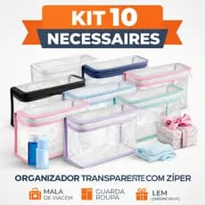 Kit 10 Necessaires com Zíper Organizador Multiuso para Mala Viagem Guarda Roupa Colorido 17x19x5