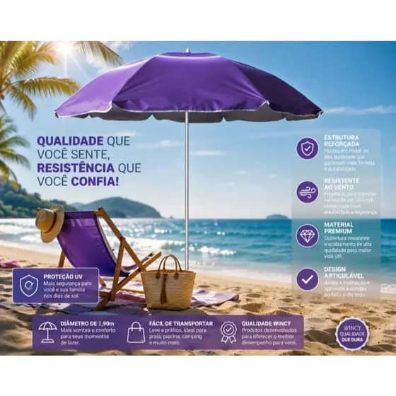 Guarda-Sol Articulável 2,40x2,20m Reforçado Alta Resistência Proteção UV- Wincy