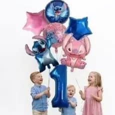 🎈Kit Balões Metalizados Stitch  Azul/ Rosa Decoração Festa Infantil  7 peças🎂